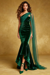 Dark Green Mermaid Velvet One Shoulder Evening Dress with Sash