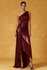 Sparkly Burgundy One Shoulder High-Low Ruched Evening Dress