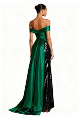 Sparkly Off The Shoulder Dark Green Ruched Holiday Dress
