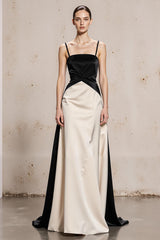 Black and White Spaghetti Straps A-Line Maxi Evening Dress