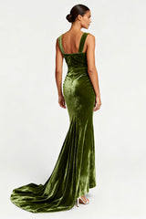 Mermaid Velvet Olive Ruched Evening Dress