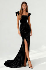 Black Mermaid Velvet Ruched Evening Dress With Slit