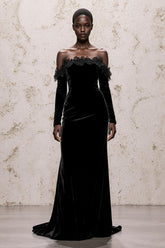 Black Off The Shoulder Long Sleeve Velvet Evening Dress With Lace