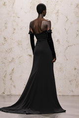 Black Off The Shoulder Long Sleeve Velvet Evening Dress With Lace