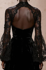 Black Velvet High Neck Evening Dress with Lace