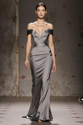 Silver Off The Shoulder Mermaid Satin Maxi Evening Dress