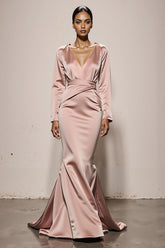 Light Pink Mermaid V-Neck Satin Evening Dress with Long Sleeves