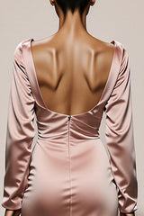 Light Pink Mermaid V-Neck Satin Evening Dress with Long Sleeves