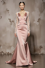 Light Pink Mermaid Beaded Long Sleeve Satin Evening Dress