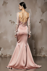 Light Pink Mermaid Beaded Long Sleeve Satin Evening Dress