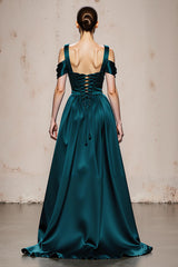 Peacock Blue A-Line Cold Shoulder Satin Evening Dress