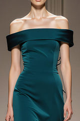 Off The Shoulder Peacock Blue Satin Evening Dress