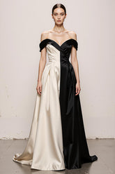 Black and White A-Line Off The Shoulder Satin Evening Dress