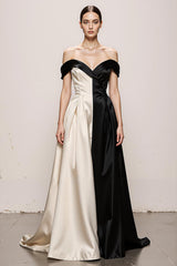 Black and White A-Line Off The Shoulder Satin Evening Dress