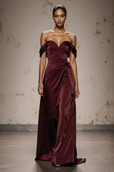 Burgundy Off The Shoulder Satin Evening Dress