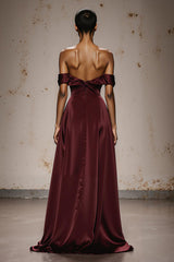 Burgundy Off The Shoulder Satin Evening Dress
