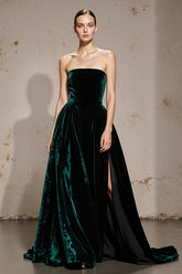 Dark Green Strapless A-Line Velvet Evening Dress With Slit