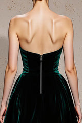 Dark Green Strapless A-Line Velvet Evening Dress With Slit
