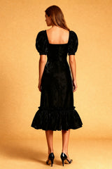 Black Velvet Midi Holiday Dress With Puff Sleeves
