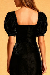 Black Velvet Midi Holiday Dress With Puff Sleeves