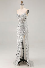 Sparkly Silver Strapless Corset Mermaid Prom Dress With Slit