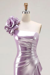 Metallic Light Purple One Shoulder Mermaid Prom Dress With Ruffle Slit