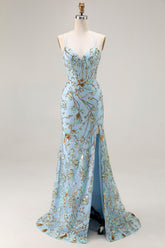 Mermaid Sequins Lake Blue Corset Prom Dress With Slit