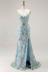Mermaid Sequins Lake Blue Corset Prom Dress With Slit