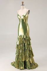Metallic Gold Tiered Mermaid Lace Up Back Prom Dress With Slit
