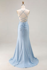 Light Blue Beaded Mermaid Ruched Satin Prom Dress With Slit