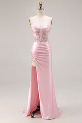 Sweetheart Corset Pink Appliqued Maxi Prom Dress With Slit