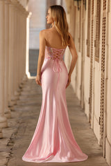 Sweetheart Corset Pink Appliqued Maxi Prom Dress With Slit