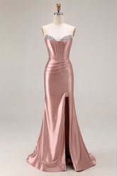 Dusty Rose Beaded Corset Sweetheart Maxi Prom Dress With Slit