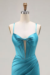 Peacock Blue Mermaid Corset Spaghetti Straps Maxi Prom Dress With Slit
