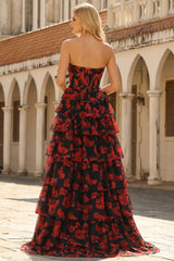 Black Red Flower Sweetheart Corset Ruffled Prom Dress With Slit