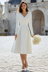 Simple A-Line Ivory Satin V-Neck Bridal Shower Dress