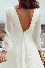 Ivory A-Line Pleated V-Neck Rehearsal Dinner Dress With Slit