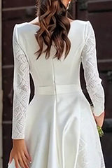 Elegant Ivory Satin A-Line Maxi Wedding Dress With Lace Long Sleeves