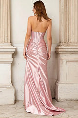 Pink Beaded Sweetheart Mermaid Satin Prom Dress With Slit
