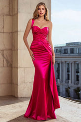 Fuchsia Satin One Shoulder Mermaid Prom Dress