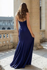 Navy Mermaid Halter Long Satin Formal Dress