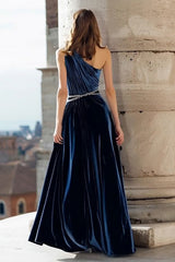 Navy One Shoulder Velvet A-Line Maxi Formal Dress With Beading