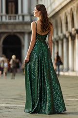Sparkly Dark Green A-Line Spaghetti Straps Maxi Prom Dress