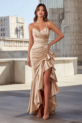 Champagne Ruffled Mermaid Spaghetti Straps Prom Dress With Slit