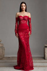 Red Lace Mermaid Strapless Long Formal Dress