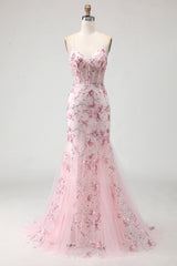 Pink Flower Mermaid Corset Spaghetti Straps Prom Dress With Sequins