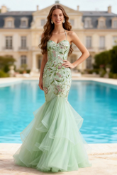 Mermaid Dusty Sage Halter Ruffled Prom Dress With Embroidery
