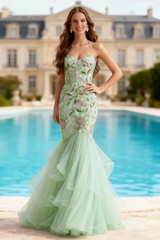 Mermaid Dusty Sage Halter Ruffled Prom Dress With Embroidery