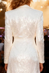 Sparkly White Sheath Peak Lapel Maxi Blazer Dress With Slit