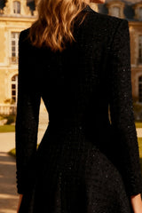 Black Peak Lapel A-Line Midi Work Dress